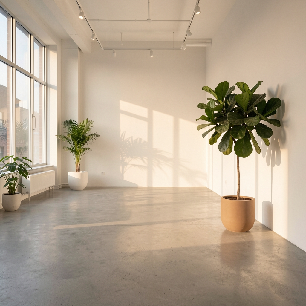 Wide view of the Karedon editorial studio in South Jakarta, bright minimal interior with concrete floors and large plant, late afternoon sunlight