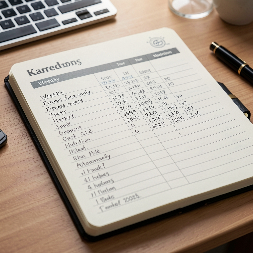Close-up of structured habit tracking notebook on Karedon studio desk, handwritten weekly fitness and nutrition log with detailed data entries
