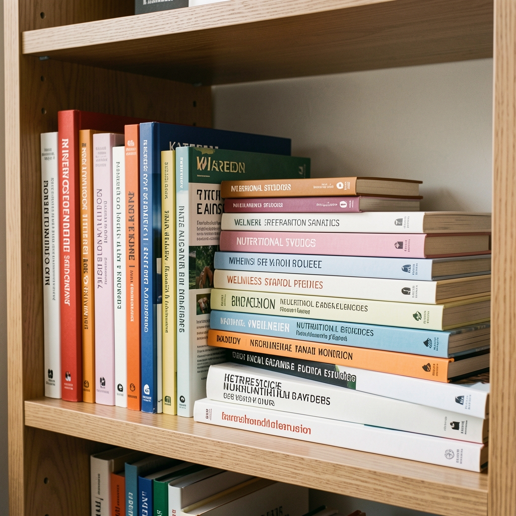 A collection of research reference books and printed nutritional studies stacked on a wooden shelf in the Karedon studio, organised by wellness topic