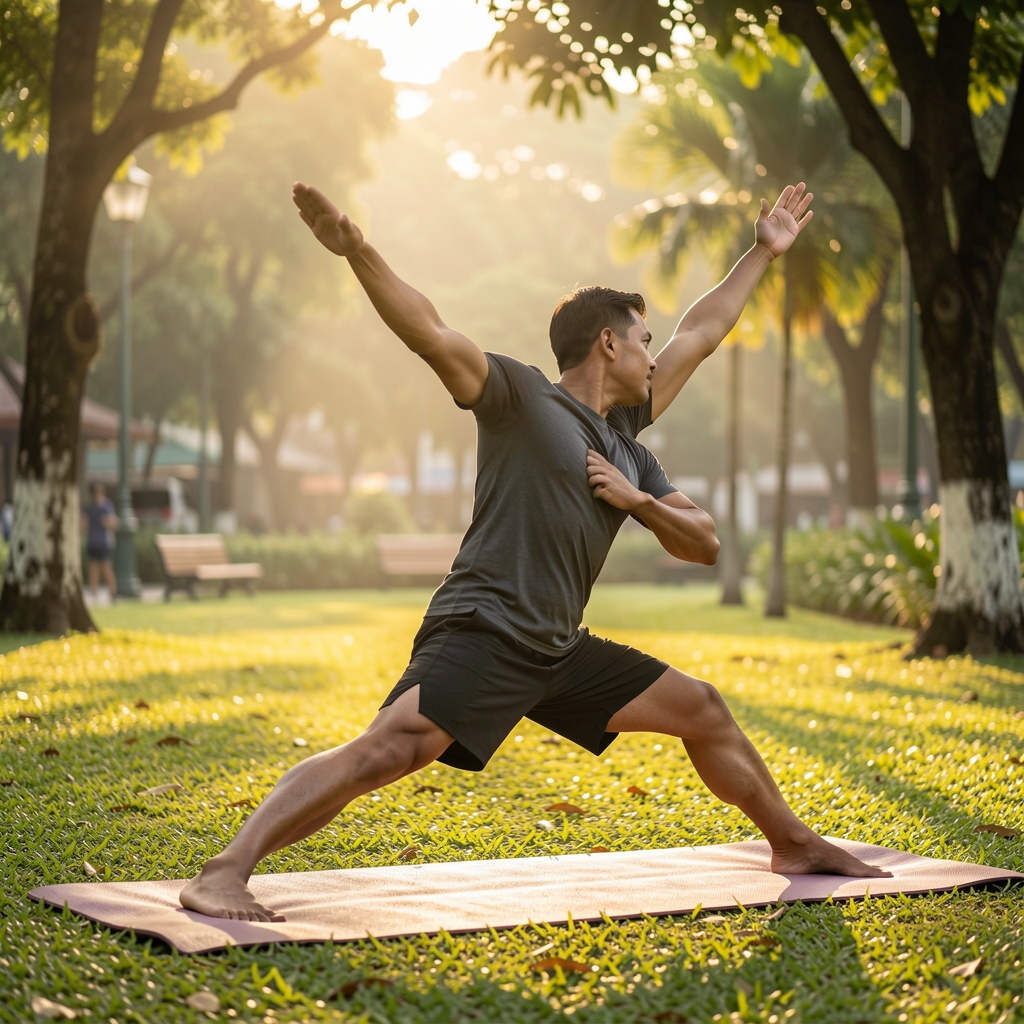 Active man in athletic wear doing a morning stretching warm-up outdoors in a Jakarta park, golden early morning light, wellness routine documentation