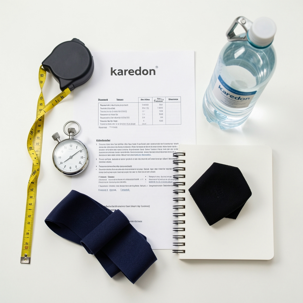 Organised flat lay of Karedon wellness documentation materials: tape measure, stopwatch, water bottle, resistance band, and notebook on a white surface