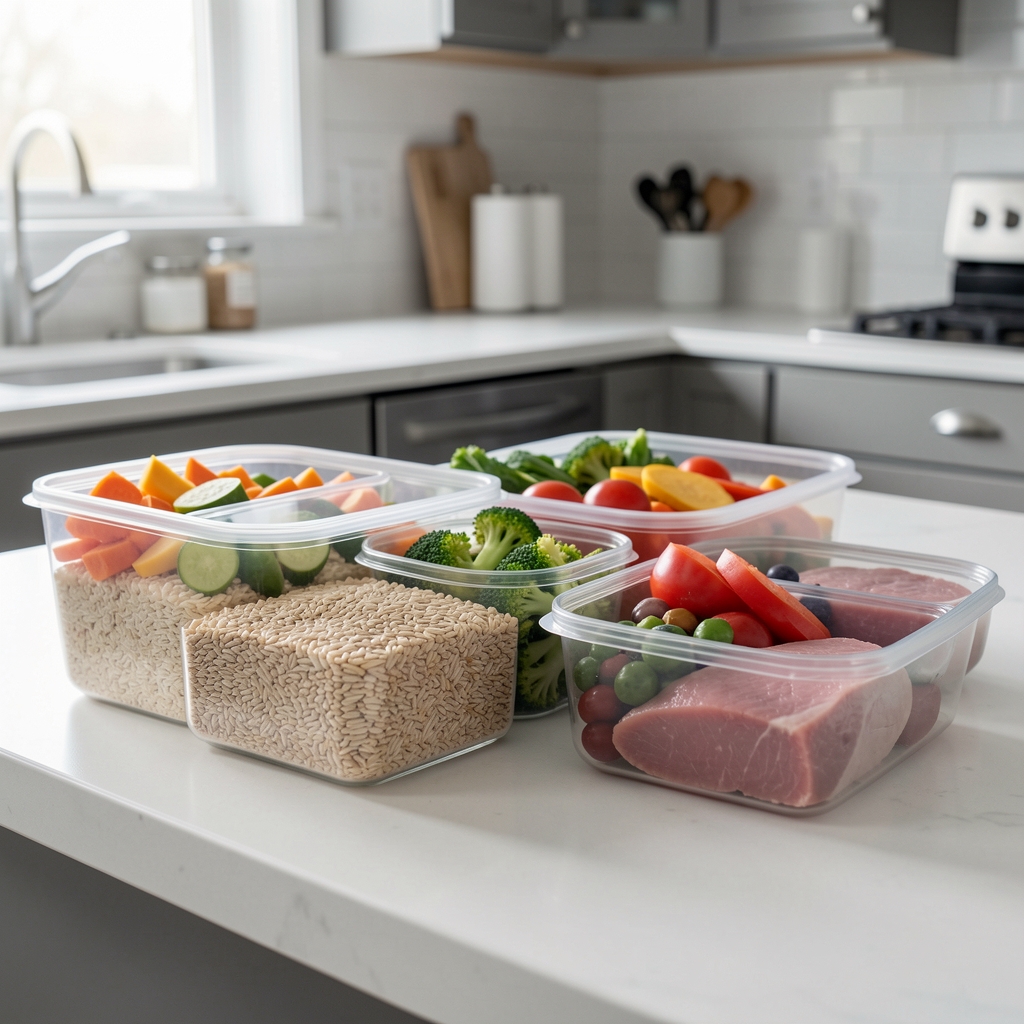 Close shot of healthy meal prep containers arranged on a clean kitchen counter, whole grains, vegetables, and lean protein for a week of structured eating