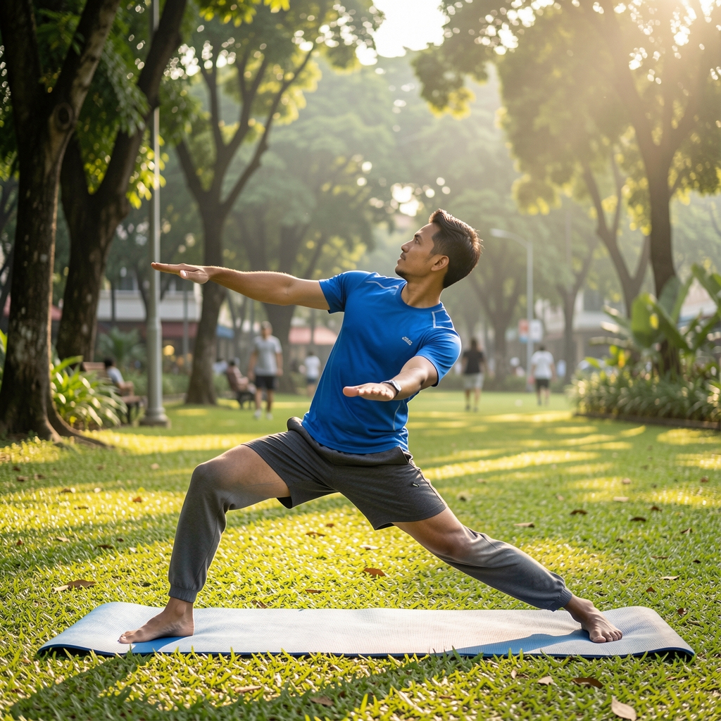 Active man in outdoor morning setting doing stretching exercises in a sunlit Jakarta park, wearing athletic clothing