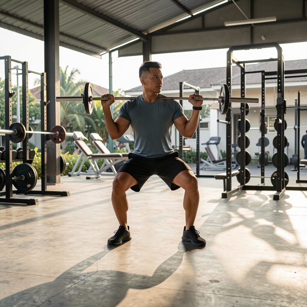 Man performing a structured morning workout routine in an open-air Jakarta gym, early light casting long shadows on concrete floor