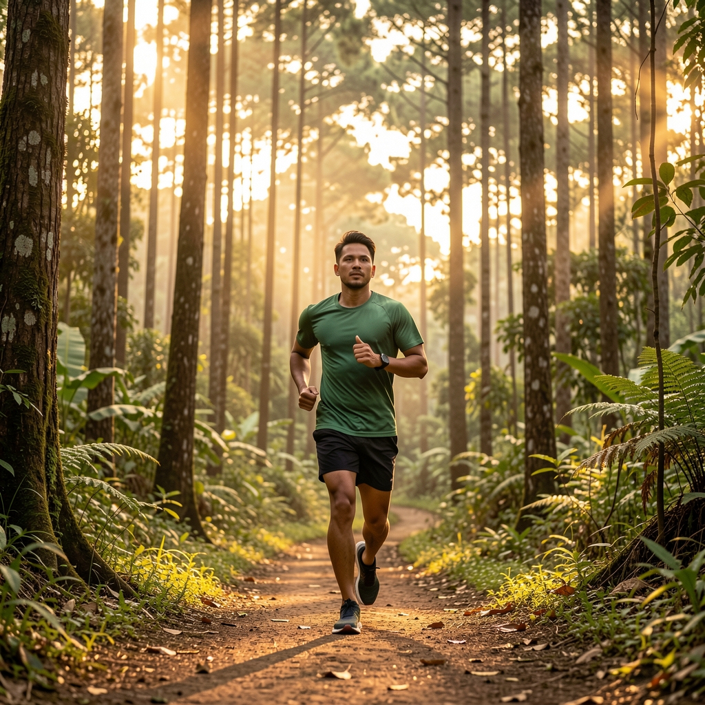 Man trail running on a forest path near Jakarta at golden hour, natural Indonesian landscape with tall trees and dappled light