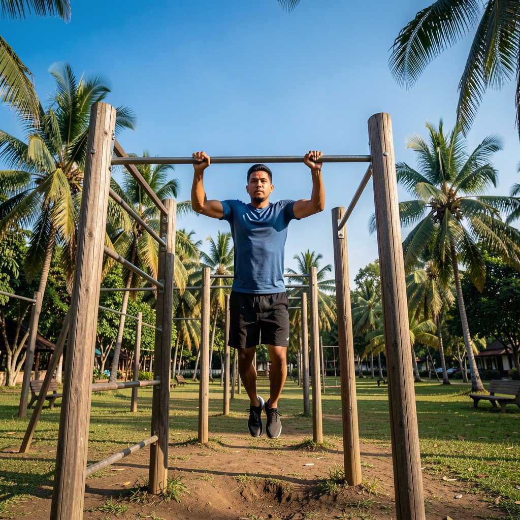 Man doing outdoor calisthenics on a wooden bar structure in a park, performing pull-ups against a blue tropical sky in Indonesia