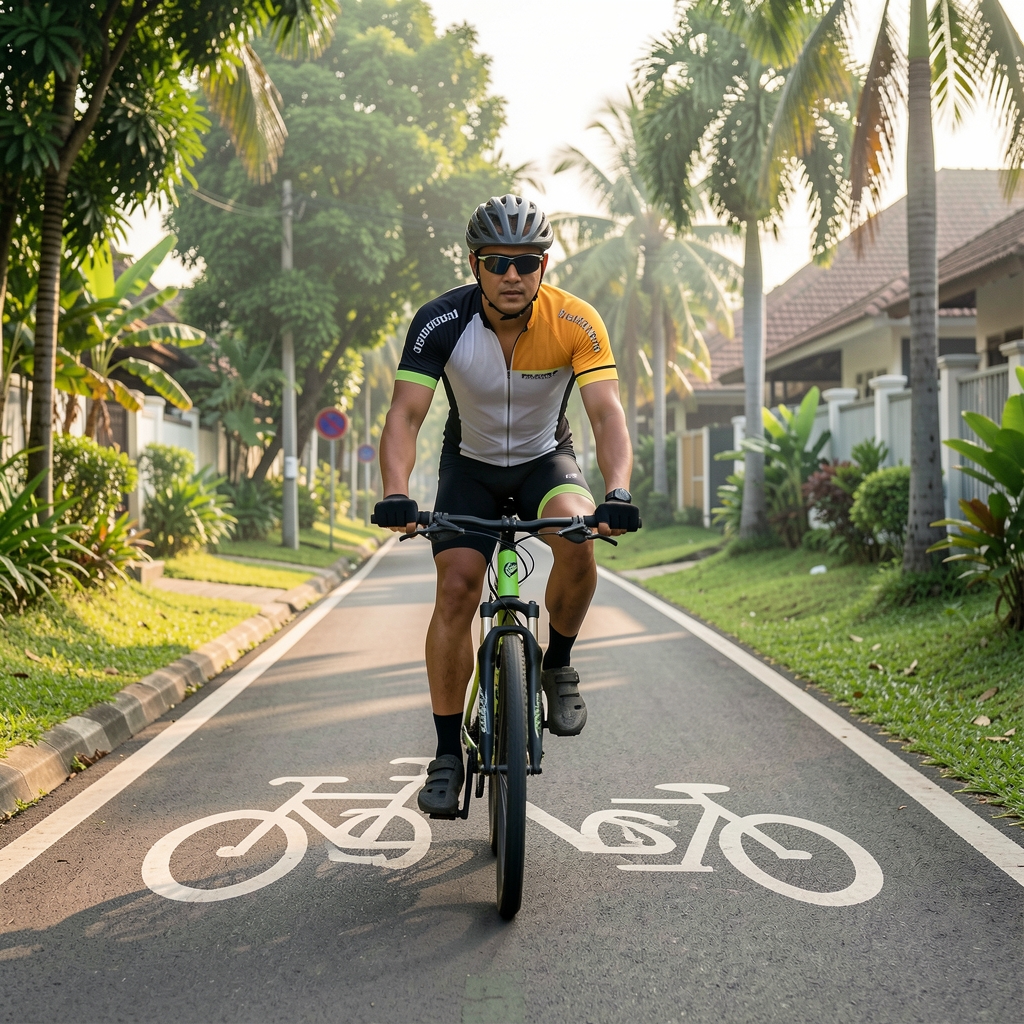 Man cycling on a dedicated bike path through a green Jakarta suburb, morning light on the road, wearing cycling gear