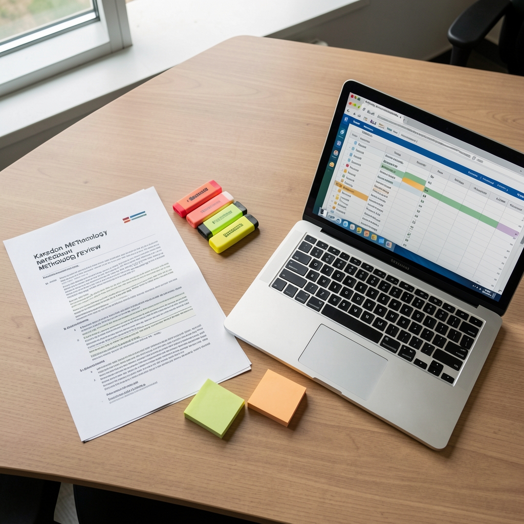 Research documents and notebooks spread on a desk under studio lighting, showing structured note-taking and source annotation
