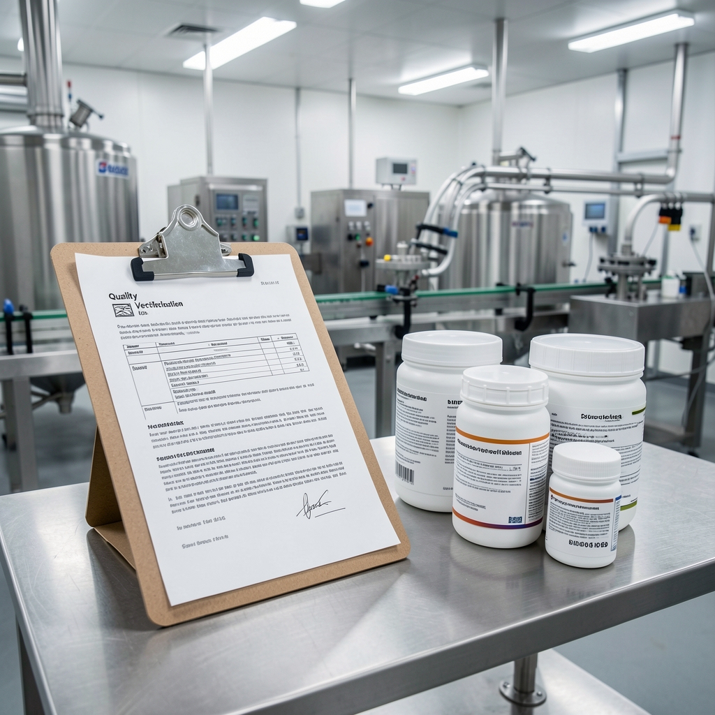 Quality verification documentation on a clipboard next to supplement containers in a food-grade processing environment with bright, controlled laboratory lighting