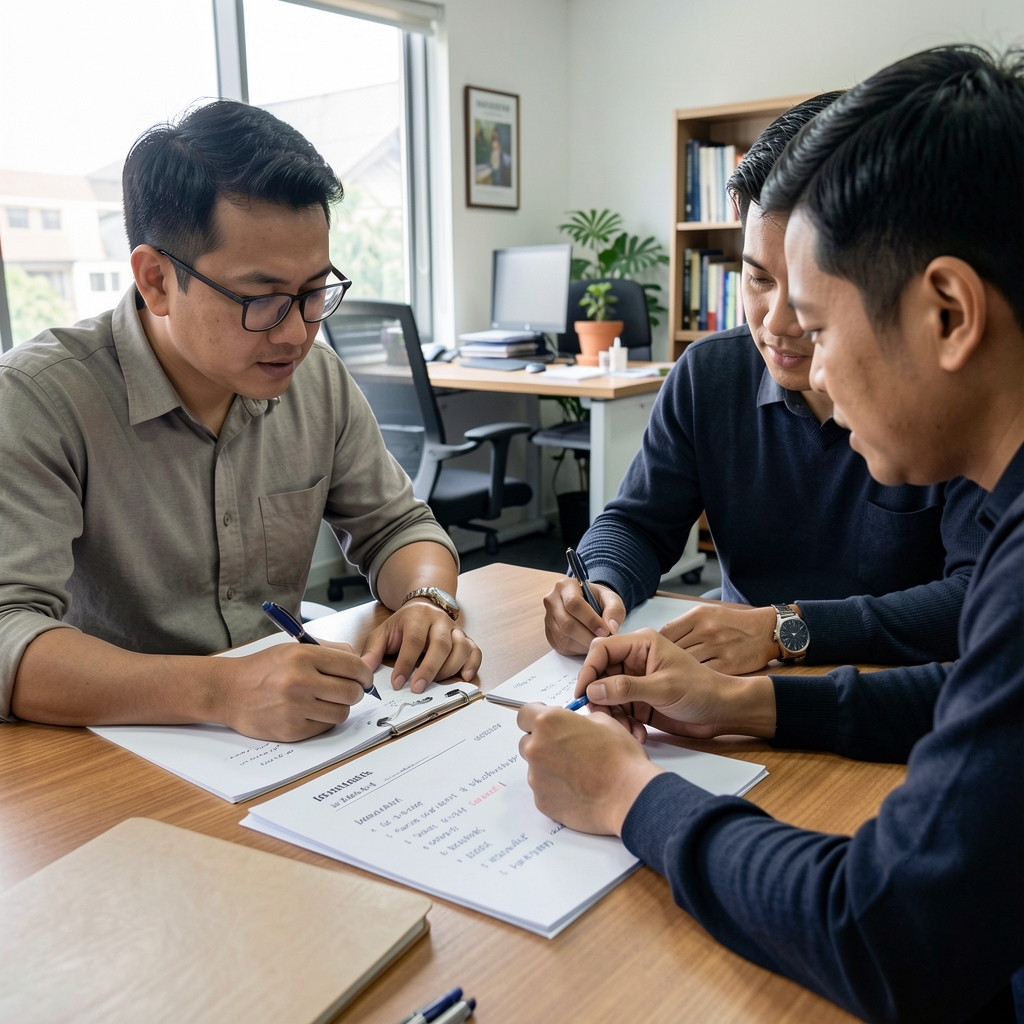 Two people reviewing a printed document at a Jakarta editorial office table, pens in hand, revision notes visible on the pages, professional collaborative review session
