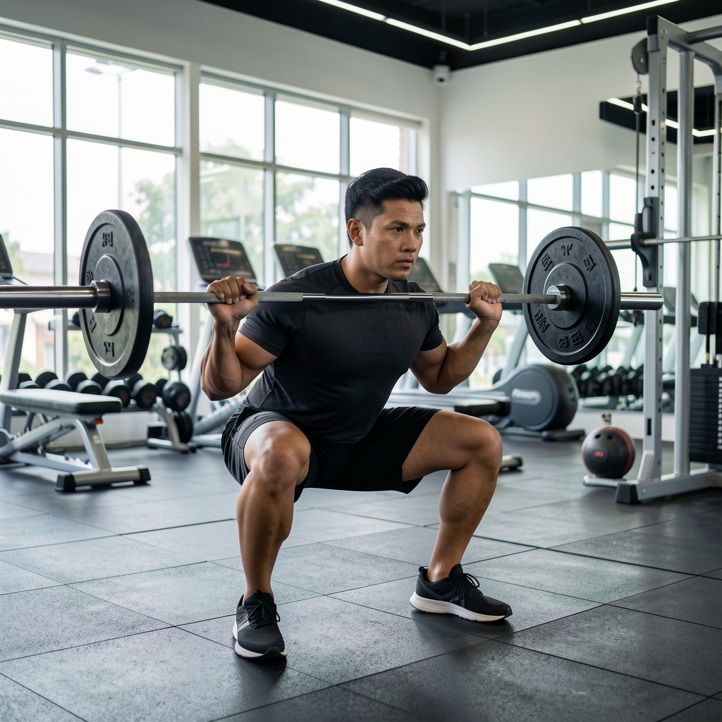 Man performing a barbell squat with controlled form in a well-lit gym, focused expression, Jakarta fitness facility with clean equipment