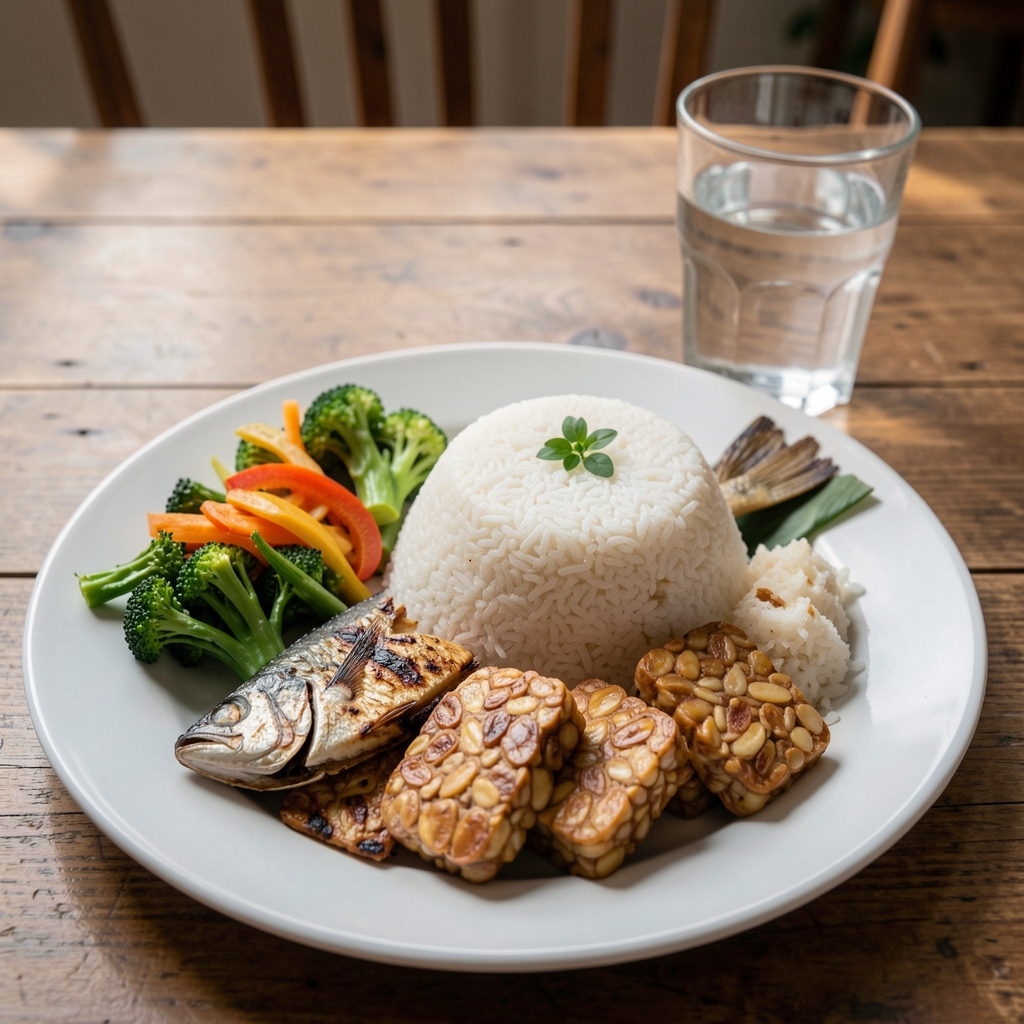 Fresh and balanced Indonesian meal with steamed rice, grilled fish, tempeh, mixed vegetables, and a glass of water on a wooden dining table