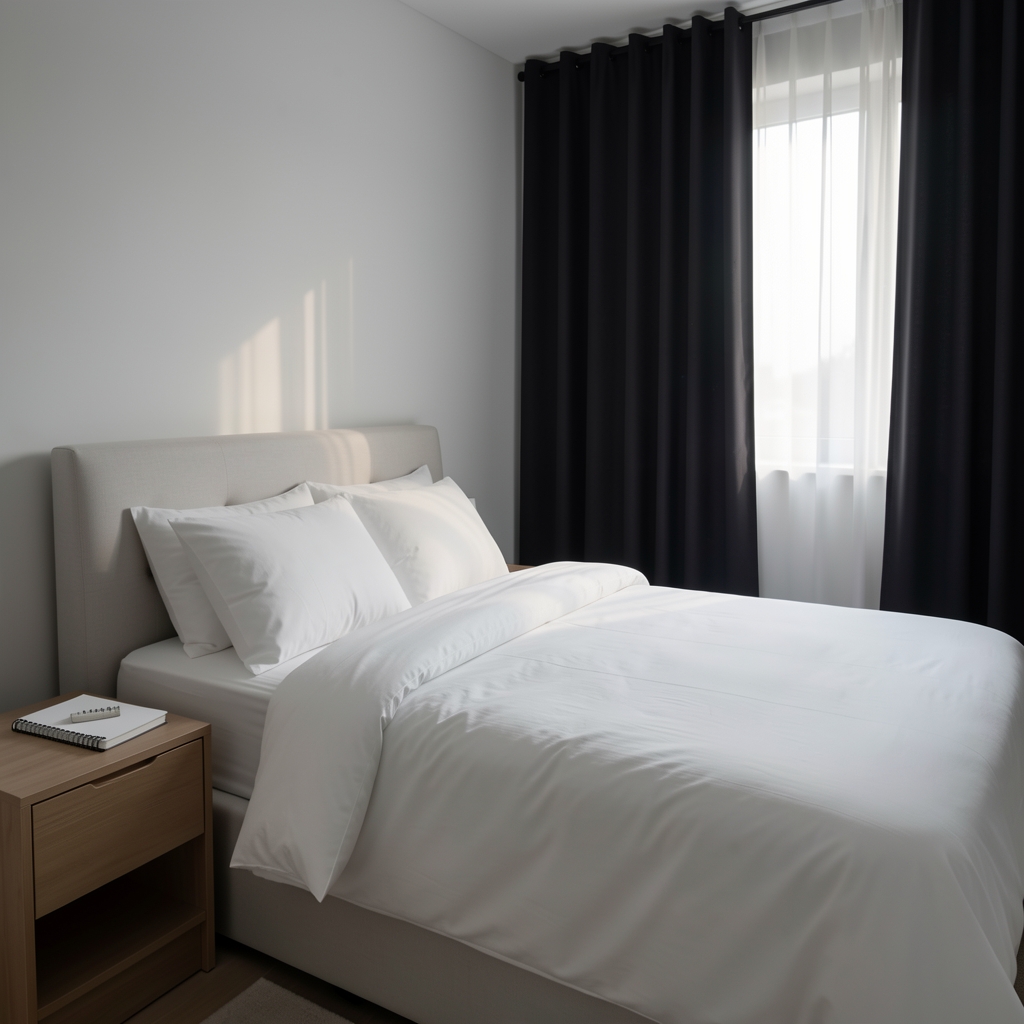 Peaceful minimal bedroom set up for quality sleep, white bedding, blackout curtains, low ambient light, sleep tracking notebook on bedside table