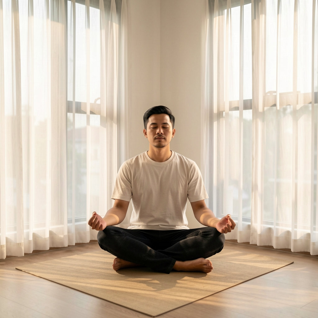 Man meditating in a quiet corner of a minimal Jakarta apartment, seated cross-legged on a mat, morning sunlight through sheer curtains