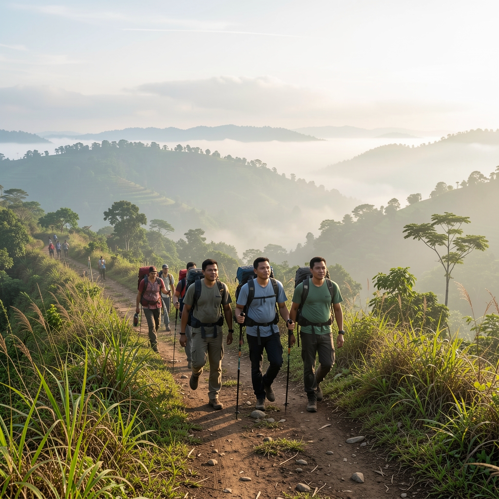 Group of men hiking on a well-marked trail in the Indonesian highlands near Jakarta, early morning mist over green hills, outdoor adventure activity
