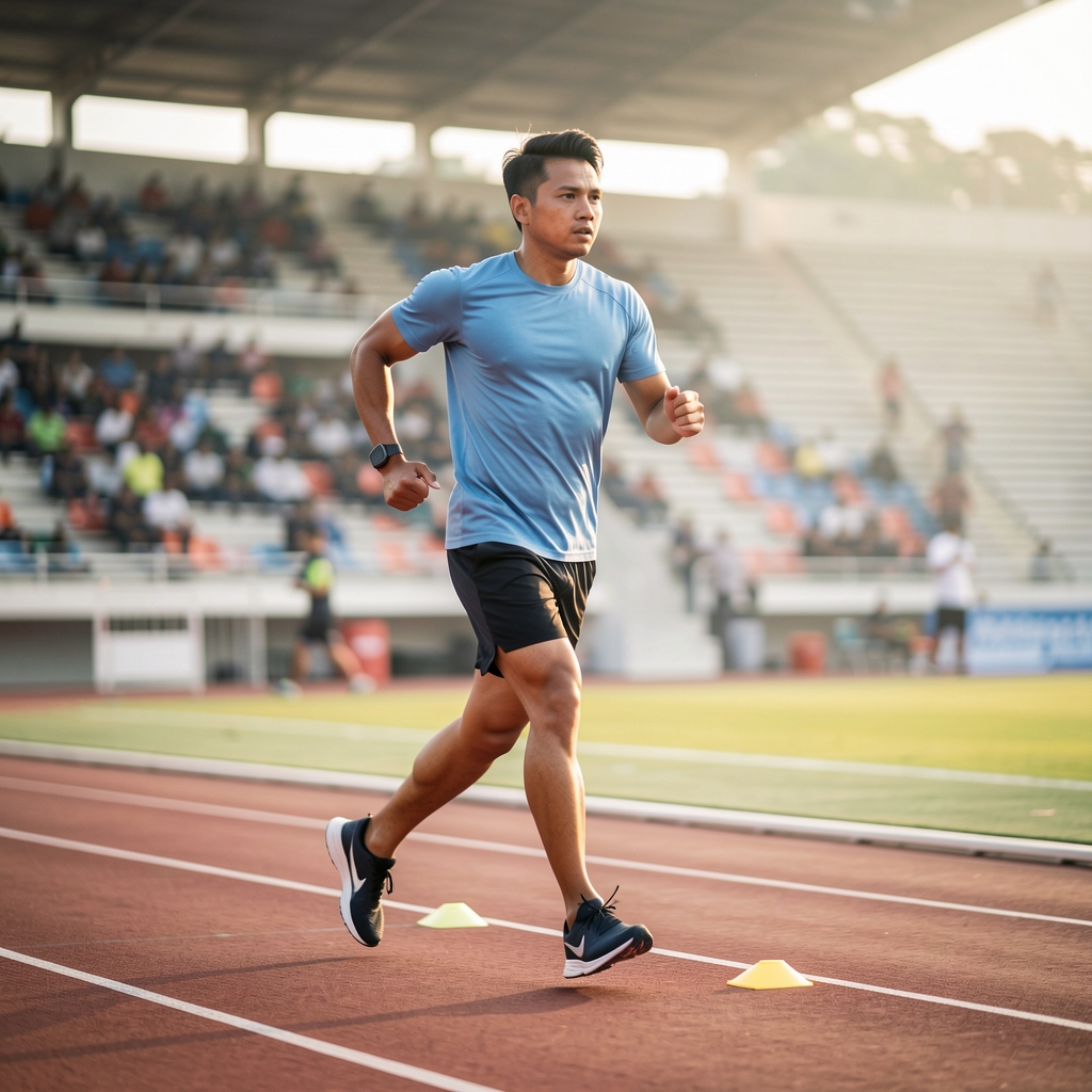 Man performing outdoor running drills on a stadium track in Jakarta, motion-blurred background, athletic stride, early morning training session