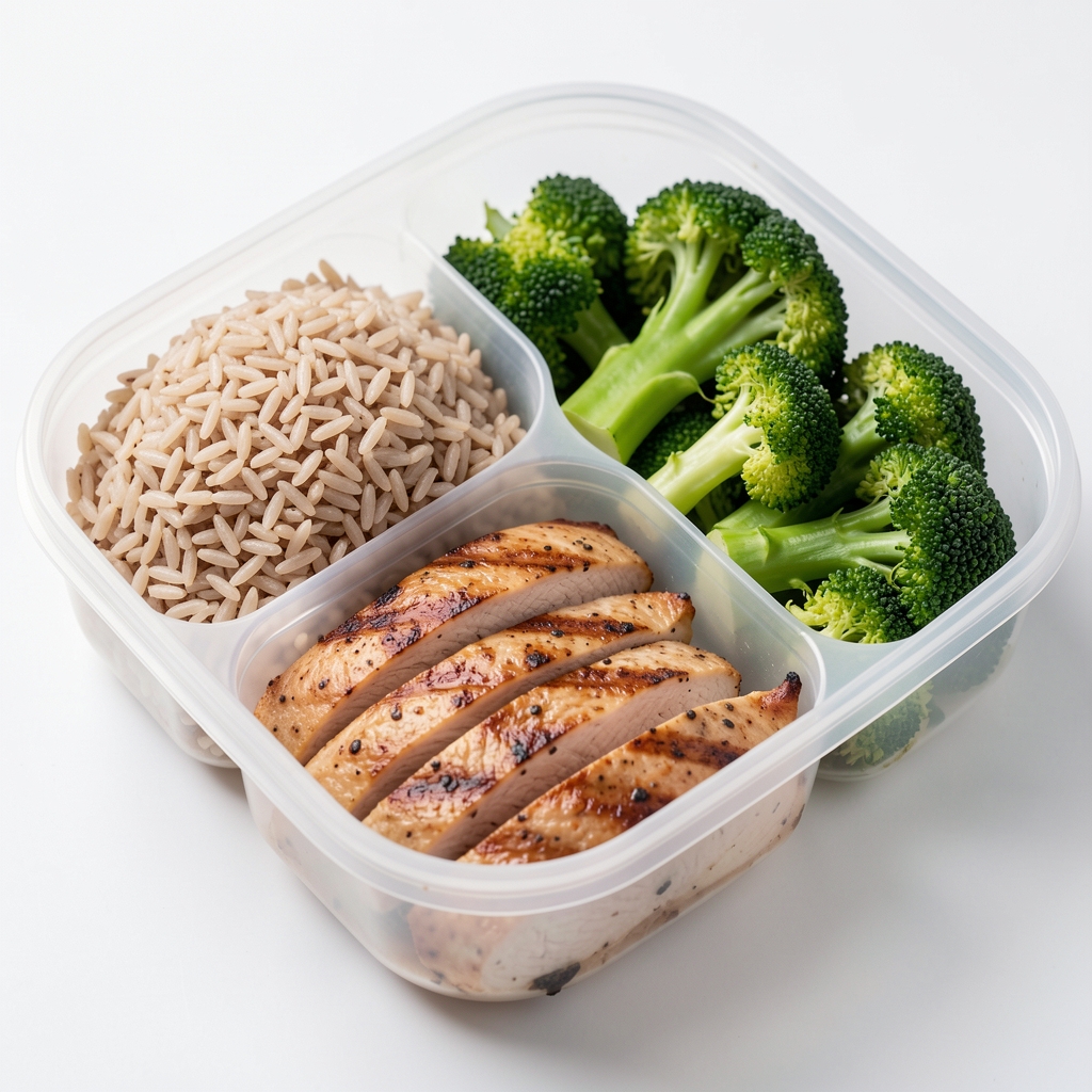 Close-up of a structured nutrition meal prep containers with portioned whole grain rice, lean grilled chicken, and steamed broccoli on a clean white surface