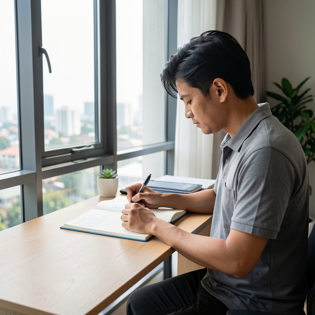 Man writing entries in a detailed wellness journal at a standing desk near a large window in his Jakarta apartment, natural daylight, focused and calm