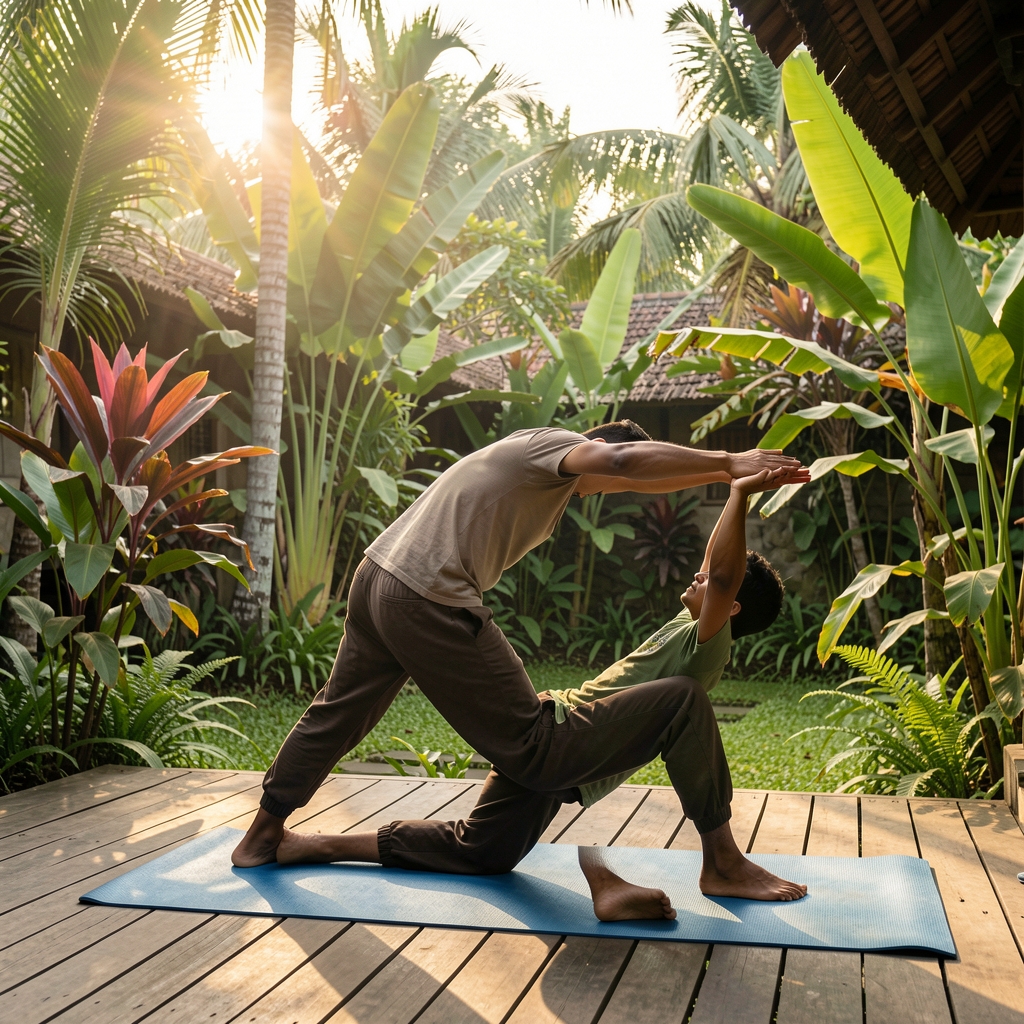 Man performing yoga sun salutation outdoors on a mat on a wooden deck surrounded by tropical plants in an Indonesian garden, morning practice