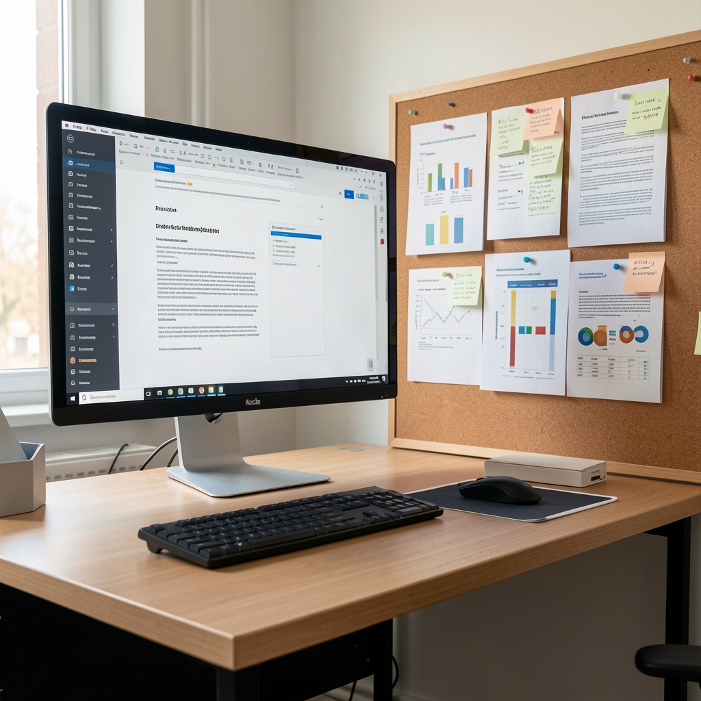 Editorial workspace in the Karedon studio, large monitor showing research documents, printed papers on cork board with structured notes and wellness charts